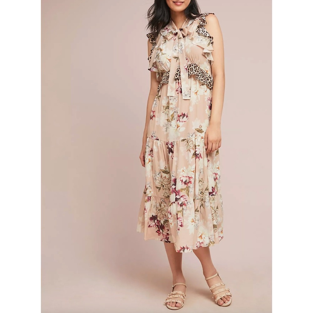 KACHEL x ANTHROPOLOGIE Sedona Sunrise Maxi Dress Pink Ruffle 100% Silk